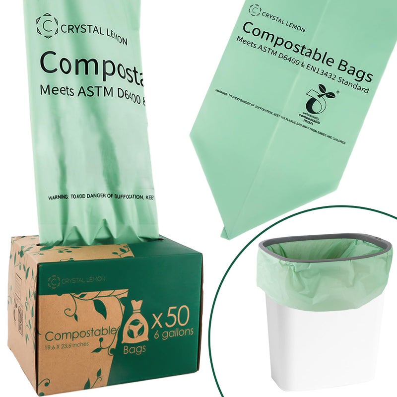 C Crystal Lemon 50 Count Biodegradable Kitchen Food Waste Bags - 6 Gallon Scraps Bags - Heavy Duty Compostable Waste Bags for Kitchen - Unscented Trash Bags 6 Gallon for Yard, Food - Image 1